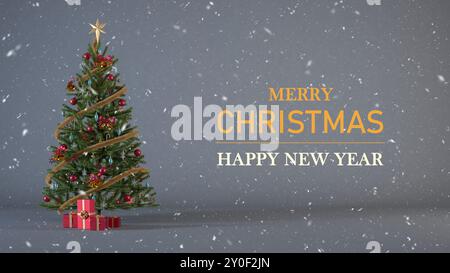 Merry Christmas background with Christmas tree and snowflakes, 3D rendering illustration. Happy New Year snowy backdrop with decorated Christmas tree. Stock Photo