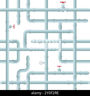 Seamless pipeline pattern. Industrial plumbing system. Tube constructions. Water supply with valves and sensors. Sewerage repair. Intertwined pipes Stock Vector