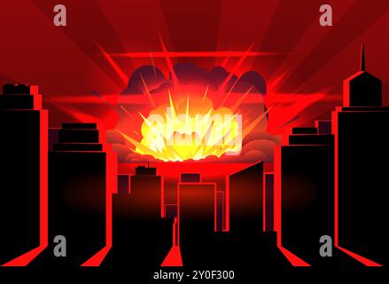 Nuclear explosion in city. Devastating outbreak with fire and smoke. Bomb detonation. Mass destruction weapons. Atomic disaster. Shadows from Stock Vector
