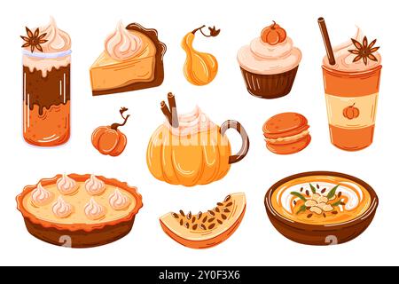 Various pumpkin desserts and drinks set pie, cupcakes, latte, macaroon, soup. Perfect for autumn or Halloween design with warm orange tones. Cartoon Stock Vector