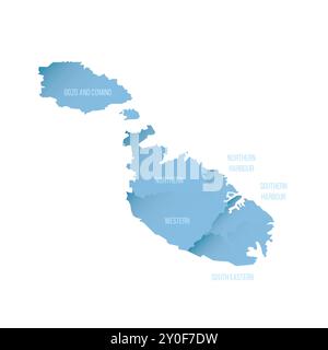 Malta political map of administrative divisions - regions. Shaded vector map with 3D-like blue gradient and name labels Stock Vector