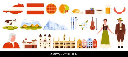 Travel to Austria set. Famous architecture landmarks and mountain nature landscape, traditional food and beer, Austrians in national folk dress, flag and map of Austria cartoon vector illustration Stock Vector