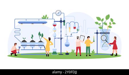 Biotechnology, microbiology and innovation genetic research in laboratory. Tiny people with magnifying glass check progress of experiment to grow green plant in test tube cartoon vector illustration Stock Vector