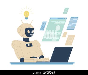 AI chatbot support, machine learning, chat interaction of customer and artificial intelligence. Cute robot typing at laptop, online help and answers of virtual assistant cartoon vector illustration Stock Vector