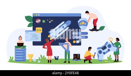 Online video games development and testing, gamification set. Tiny people develop program code and gaming, developers holding console and digital tools for coding cartoon vector illustration Stock Vector