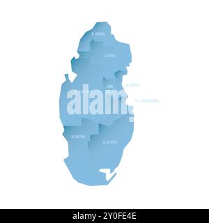 Qatar political map of administrative divisions - municipalities. Shaded vector map with 3D-like blue gradient and name labels Stock Vector