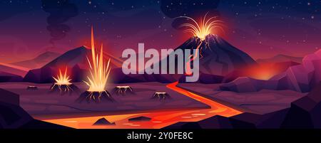 Volcano eruption on alien planet. Crazy red and golden streams of hot lava and magma erupt from craters of volcano, fantasy river of fire flowing over rocky surface cartoon vector illustration Stock Vector