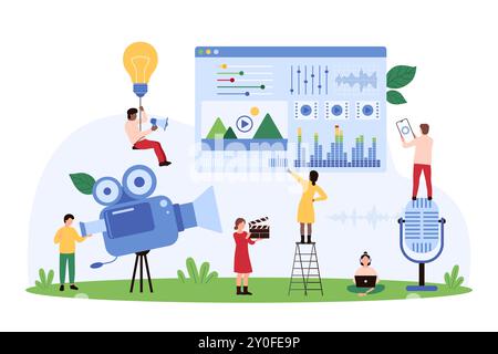 Video editing, film montage using software, mobile app. Tiny people with microphone and professional camera record movie, edit creative animation project with visual tools cartoon vector illustration Stock Vector