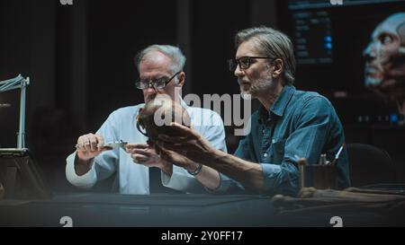 Two archaeologists take measurements of prehistoric human skull, conduct scientific research, use tablet computer. Scientists examine fossil remains in advanced archaeological laboratory at night. Stock Photo