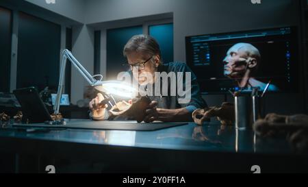 Archaeologist takes measurements of fossil bone under lamp, uses tablet computer. Scientist examines remains of ancient human in archaeological laboratory at night. Colleague works in the background. Stock Photo