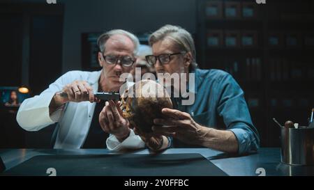 Two archaeologists measures skull of prehistoric extinct human, conduct historical and scientific research, use tablet computer. Scientists examine fossil remains in archaeological laboratory at night Stock Photo