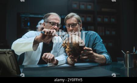 Two archaeologists measures skull of prehistoric extinct human, conduct historical and scientific research, use tablet computer. Scientists examine fossil remains in archaeological laboratory at night Stock Photo