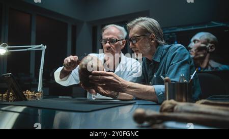 Two archaeologists measures skull of prehistoric extinct human, conduct historical and scientific research, use tablet computer. Scientists examine fossil remains in archaeological laboratory at night Stock Photo