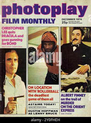 Photoplay Film Monthly Dec 1974 - Vintage magazine cover -  Photographer unknow - Text transcription  [ photoplay FILM MONTHLY CHRISTOPHER LEE quits DRACULA and goes gunning for BOND exclusive interview DECEMBER 1974 25p Australia 55 cents New Zealand 55 cents ON LOCATION WITH ROLLERBALL the deadliest game of them all ASTAIRE TODAY! special interview DUSTIN HOFFMAN AS LENNY BRUCE ALBERT FINNEY on the trail of MURDER ON THE ORIENT EXPRESS see inside  ] FOR EDITORIAL USE ONLY ! Stock Photo