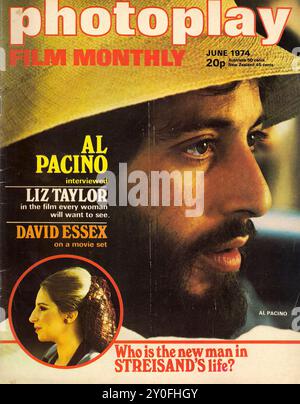 Photoplay Film Monthly Jun 1974 - Vintage magazine cover -  Photographer unknow - Text transcription  [  photoplay FILM MONTHLY JUNE 1974 20p Australia 50 cents New Zealand 45 cents AL PACINO interviewed LIZ TAYLOR in the film every woman will want to see. DAVID ESSEX on a movie set AL PACINO Who is the new man in STREISAND'S life? ] FOR EDITORIAL USE ONLY ! Stock Photo