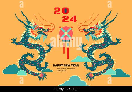 Chinese New Year, 2024 Asian Lunar New Year - Year of the Dragon: Two dragons are chasing and fighting over a giant pearl in the sea of clouds.Modern Stock Vector