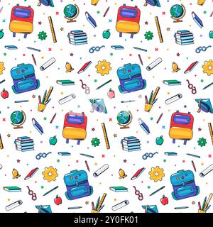 Back to school seamless pattern with doodle tools: pencil, book, paper, bag, eyeglasses, apple, pen, graduate hat, bell, globe, notebook and science i Stock Vector