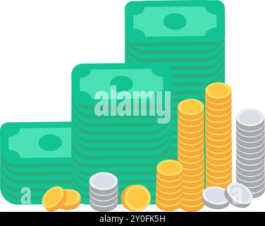 Vector stacks of coins and bills in a colorful flat style. Prosperity, investment, and budget symbol. The icon is suitable for web design, online shop Stock Vector
