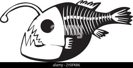 Silhouette Halloween deep sea fish angler with roentgen skeleton bones, fairy tale creepy character. Scary shadow outline of sea fish angler. Simple b Stock Vector