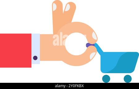 Vector hand, that is holding a cart in a colorful flat style. Online shopping, purchase, or delivery symbol. The icon is suitable for web design, onli Stock Vector