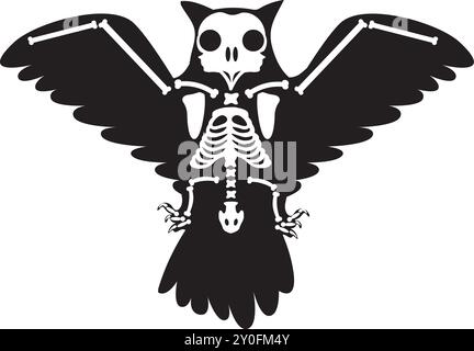 Silhouette Halloween flying eagle owl with roentgen skeleton bones, fairy tale creepy character. Scary shadow outline of flying eagle owl. Simple blac Stock Vector