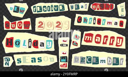 Set of cut newspapers magazines and paper vintage colorful words. New Year theme - Happy marry Christmas, winter, season, 2025, snow. Trendy elements Stock Vector