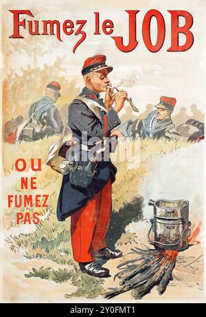 Smoke Job or don't smoke (Cigarette paper) - Vintage french advertisement poster feat a french soldier smoking - 1896 Stock Photo