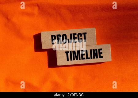 Project timeline message written on wooden blocks with orange background. Conceptual project timeline symbol. Copy space. Stock Photo