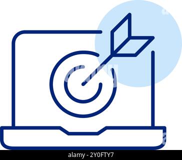 Arrow hitting target on laptop screen. Desktop optimization, precise web analytics or market targeting. Pixel perfect, editable stroke icon Stock Vector