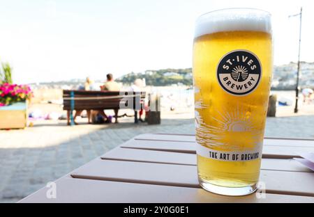 A Pint of St Ive's Brewery beer on a sunny afternoon in St Ive's Cornwall. Stock Photo
