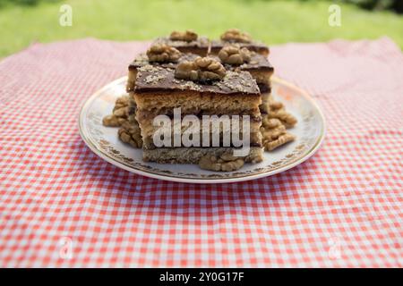 Gerbeaud cake also called Zerbo Rez in Slovakia and Czechia or zserbó szelet in Hungary, dough filled with wallnut dough and jam, chocolate glaze spri Stock Photo
