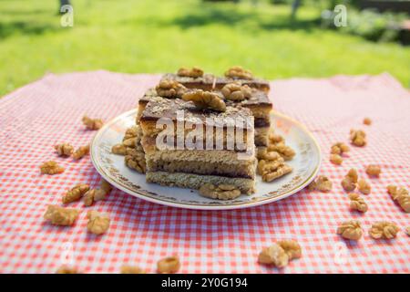 Gerbeaud cake also called Zerbo Rez in Slovakia and Czechia or zserbó szelet in Hungary served on small table outside Stock Photo