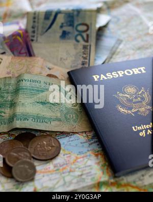 American Passports on Street Map with Foreign Currency Stock Photo