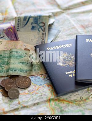 American Passports on Street Map with Foreign Currency Stock Photo