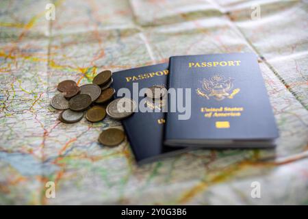 American Passports on Street Map with Foreign Currency Stock Photo