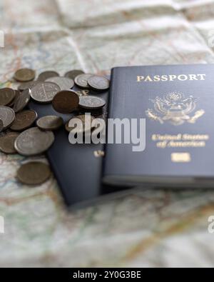 American Passports on Street Map with Foreign Currency Stock Photo