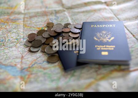 American Passports on Street Map with Foreign Currency Stock Photo