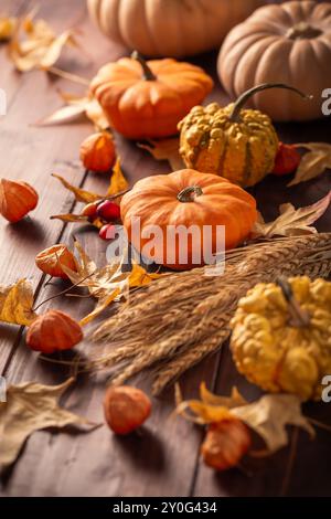 Thanksgiving home decoration, autumn still life with pumpkins and leaves on wooden background Stock Photo
