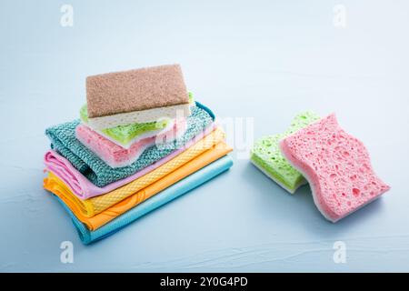 Assortment of different sponges and cleanings rags, with fiber cloth and duster microfiber cloth Stock Photo