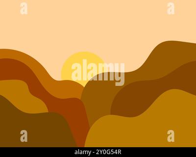 Mountain landscape in a minimalist style, rocks and canyons. Wavy landscape with the sun on the horizon. Boho decor for print, poster and interior des Stock Vector