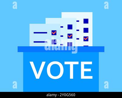 Ballot papers and ballot box in minimalist style. Elections, ballot box with the word "Vote". Voting process. Design for brochure, promotional product Stock Vector