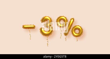 Discount creative composition with gold 3 percent off. 3d Golden sale symbol with decorative balloon numbers, minus and percent signs. Sale banner or Stock Vector