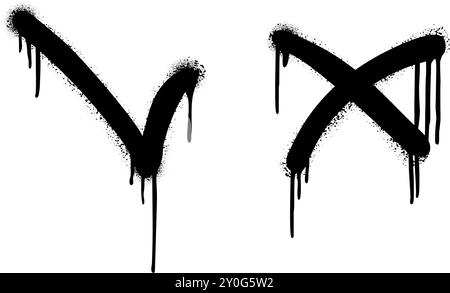Spray painted cross and tick marks graffiti set. Signs yes and no brush drawing. Checkmark and x black vector illustration isolated on white Stock Vector