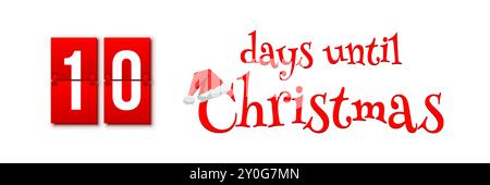 Countdown of days until Christmas, advent calendar with flip numbers template vector illustration. Red vintage text with Santa hat. 10 days until Stock Vector