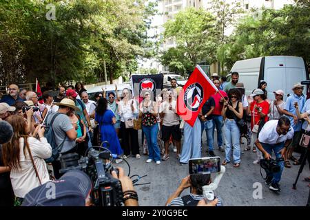 Tunis, Tunisia. 2nd Sep, 2024. Tunis, Tunisia. 02 September 2024. Demonstrators gather to protest outside the headquarters of the High Independent Authority for Elections (ISIE) in Tunis, ahead of the forthcoming presidential election in Tunisia. Participants condemned the recent approval by the ISIE of just three presidential candidates for the October 6 election and the exclusion of three other potential candidates despite being allowed to run by the Administrative Court's ruling. Among those candidates approved by the ISIE are President Kais Saied, Zouhair Maghzaoui, and Ayachi Zammel, Stock Photo