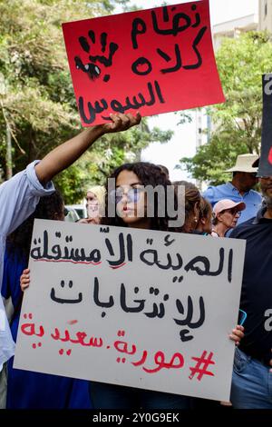 Tunis, Tunisia. 2nd Sep, 2024. Tunis, Tunisia. 02 September 2024. Demonstrators gather to protest outside the headquarters of the High Independent Authority for Elections (ISIE) in Tunis, ahead of the forthcoming presidential election in Tunisia. Participants condemned the recent approval by the ISIE of just three presidential candidates for the October 6 election and the exclusion of three other potential candidates despite being allowed to run by the Administrative Court's ruling. Among those candidates approved by the ISIE are President Kais Saied, Zouhair Maghzaoui, and Ayachi Zammel, Stock Photo