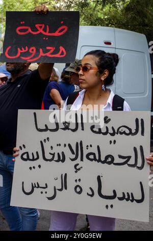 Tunis, Tunisia. 2nd Sep, 2024. Tunis, Tunisia. 02 September 2024. Demonstrators gather to protest outside the headquarters of the High Independent Authority for Elections (ISIE) in Tunis, ahead of the forthcoming presidential election in Tunisia. Participants condemned the recent approval by the ISIE of just three presidential candidates for the October 6 election and the exclusion of three other potential candidates despite being allowed to run by the Administrative Court's ruling. Among those candidates approved by the ISIE are President Kais Saied, Zouhair Maghzaoui, and Ayachi Zammel, Stock Photo