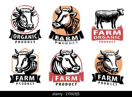 Cow, bull set of emblems or badges. Set of labels for a butcher shop or dairy farm, vector illustration Stock Vector