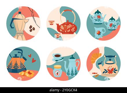 Tea kettles. Ceramic teapot. Drink crockery. Coffee jug. Asian cups. Beverage serving. Jam pot and pastry. Circle frames. Porcelain mugs and plates. Teatime drinkware. Kitchen utensil icons vector set Stock Vector