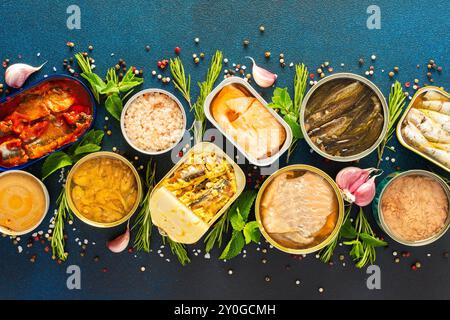 Different open tin cans with canned fish like salmon, mackerel, sprat, sardine, tuna, and herring, among spices and herbs on a blue background, viewed Stock Photo